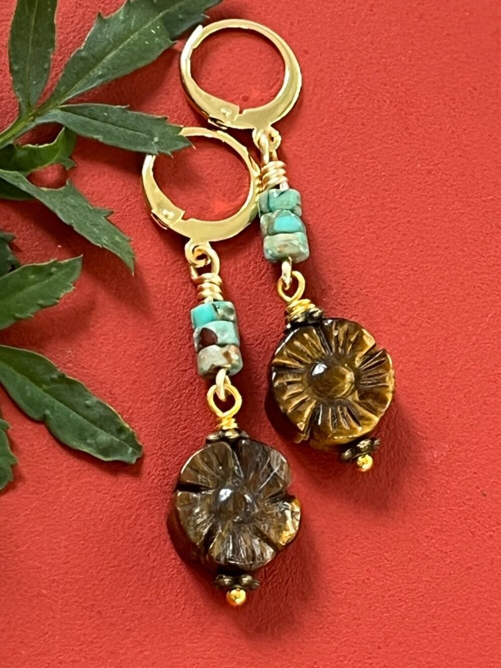Tiger's Eye Carved Flower Earrings with African Turquoise Heishi | Gemstone Dang